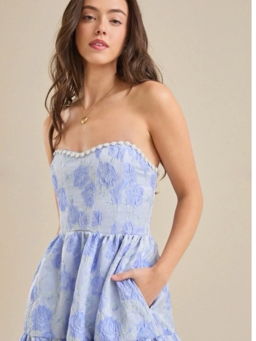 Altar'd State Strapless Light Blue Jaquard Floral Maxi Dress NWT - Picture 5 of 7